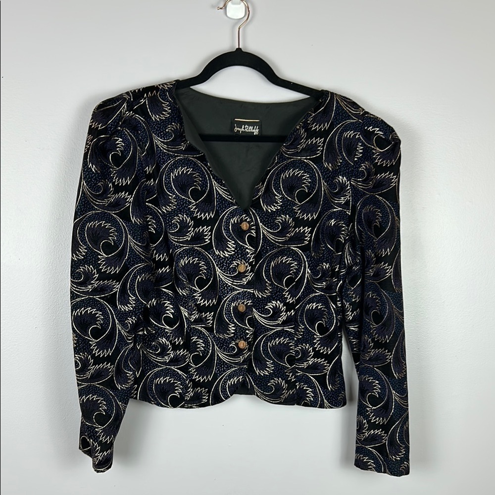 Vintage Joseph Ribkoff Metallic Velour Button Front Blazer Jacket Size 10 Blue - Picture 2 of 12